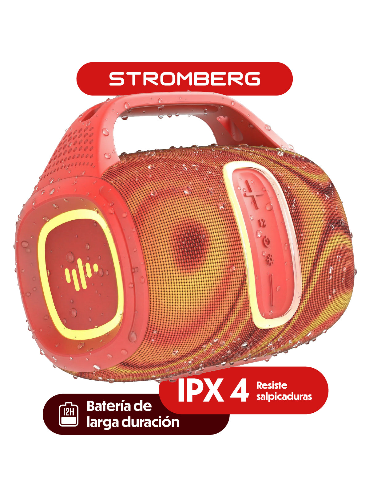 Parlante portatil bluetooth Stromberg Groove rosa portada con especificaciones
