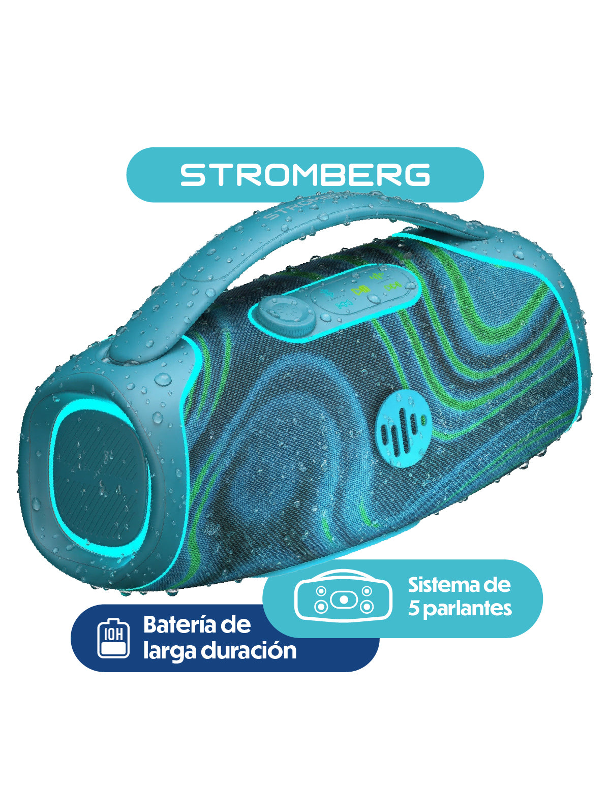 Parlante portatil bluetooth Stromberg Mega Force 80W portada con especificaciones
