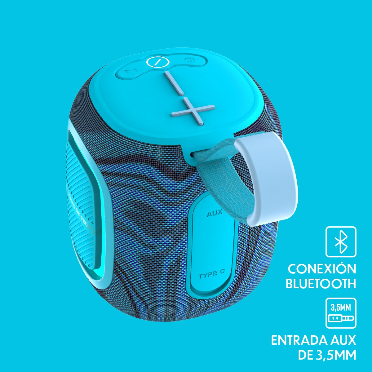 Parlante portatil bluetooth Stromberg Spark celeste en uso